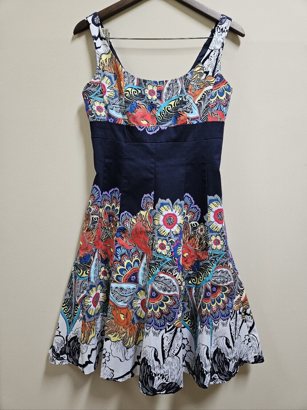 Nine West Navy Blue Multicolor Floral Fit & Flare Cotton Stretch Boho Dress Sz 4